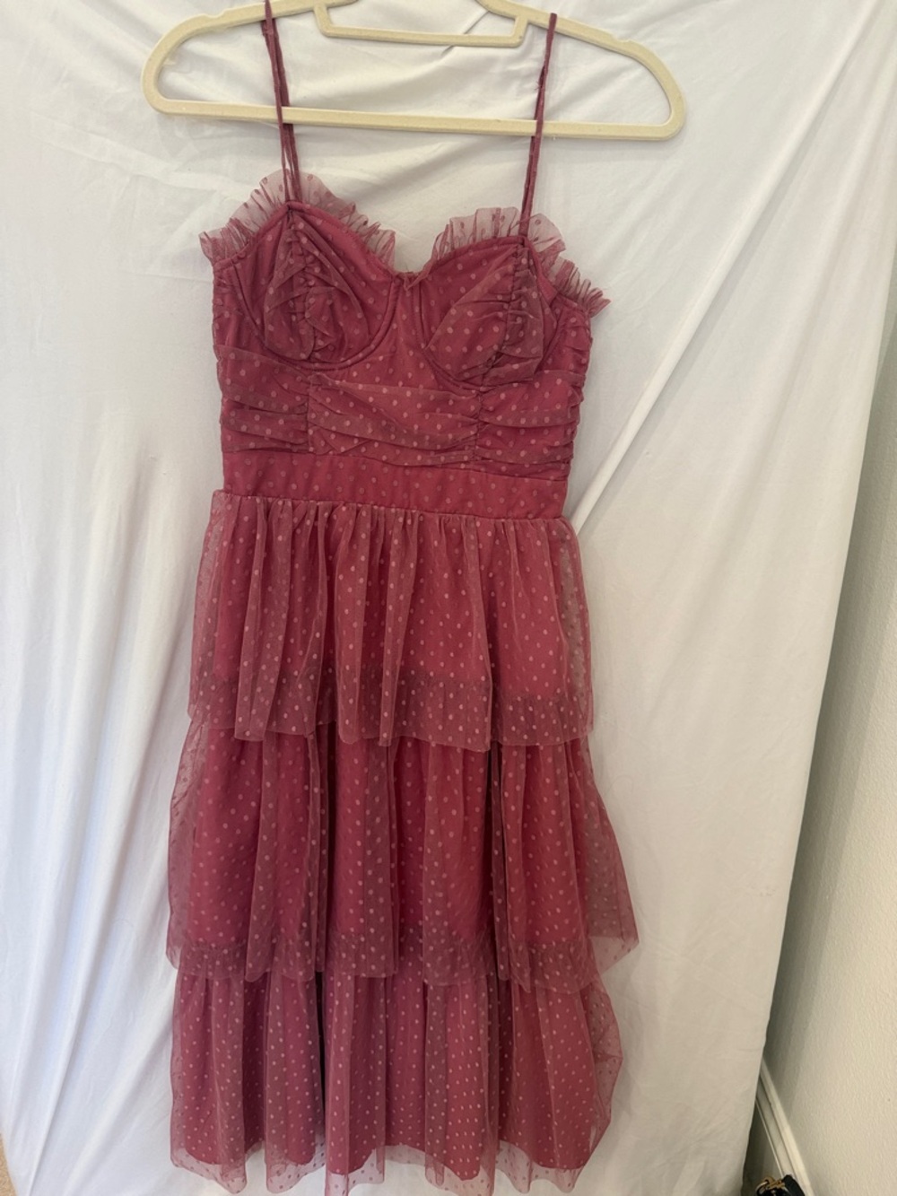 Lulu’s Sweetheart Style Mauve Polka Dot Bustier Tiered Midi Dress sz small - Picture 6 of 10